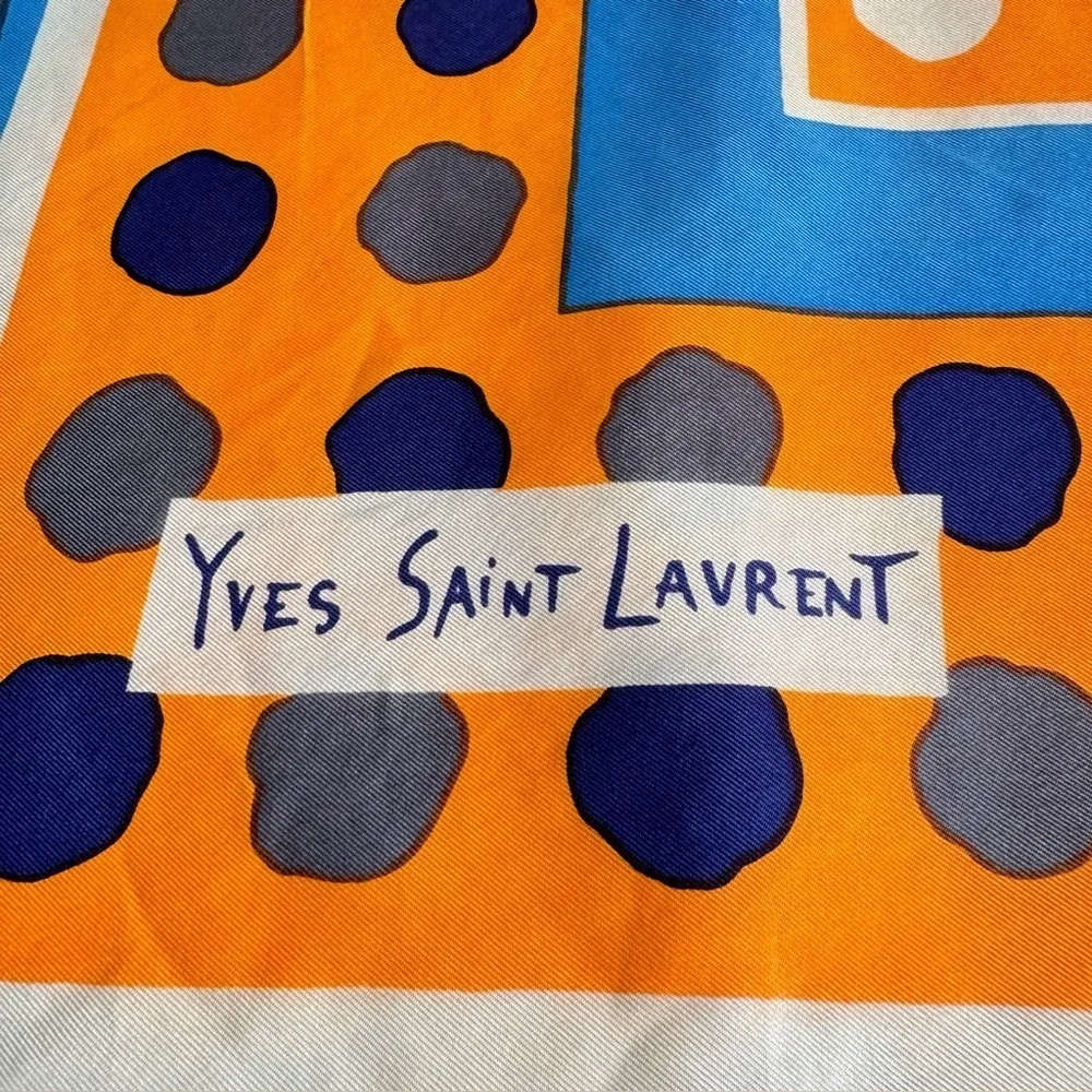 Vintage Yves Saint Laurent Silk‎ Scarf Blue Orange Large Polka Dot Geometric Mod